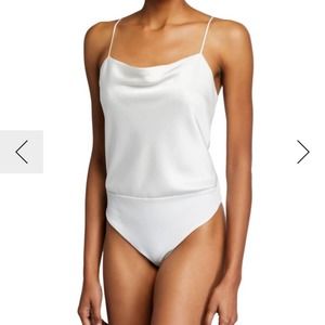 Alice + Olivia "Harmon" satin high leg thong bodysuit in off-white